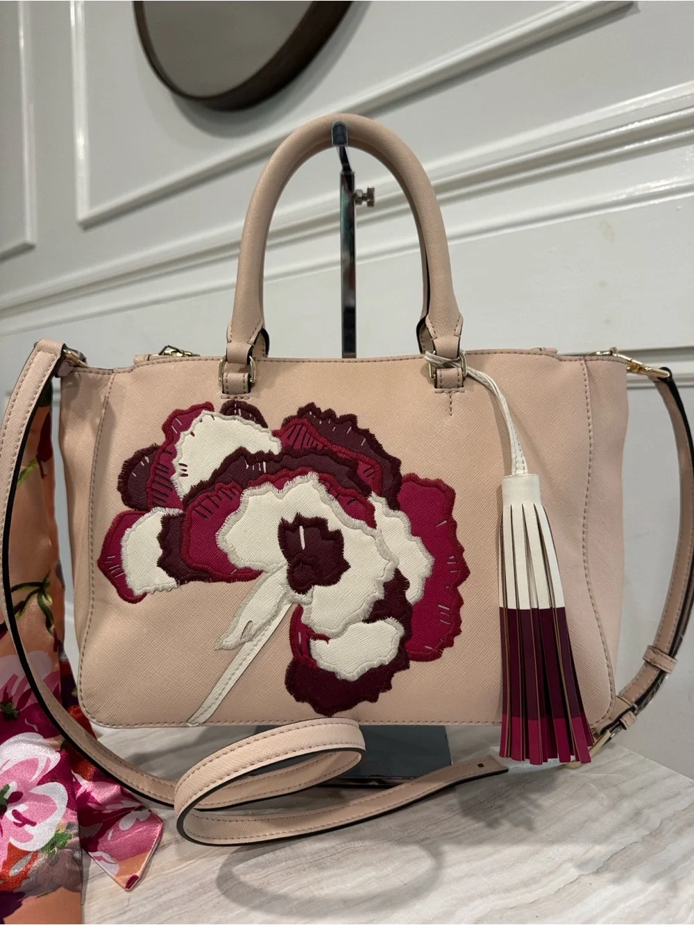 Tory Burch Bag Robinson Pink Leather Embroidered Floral Applique Satchel